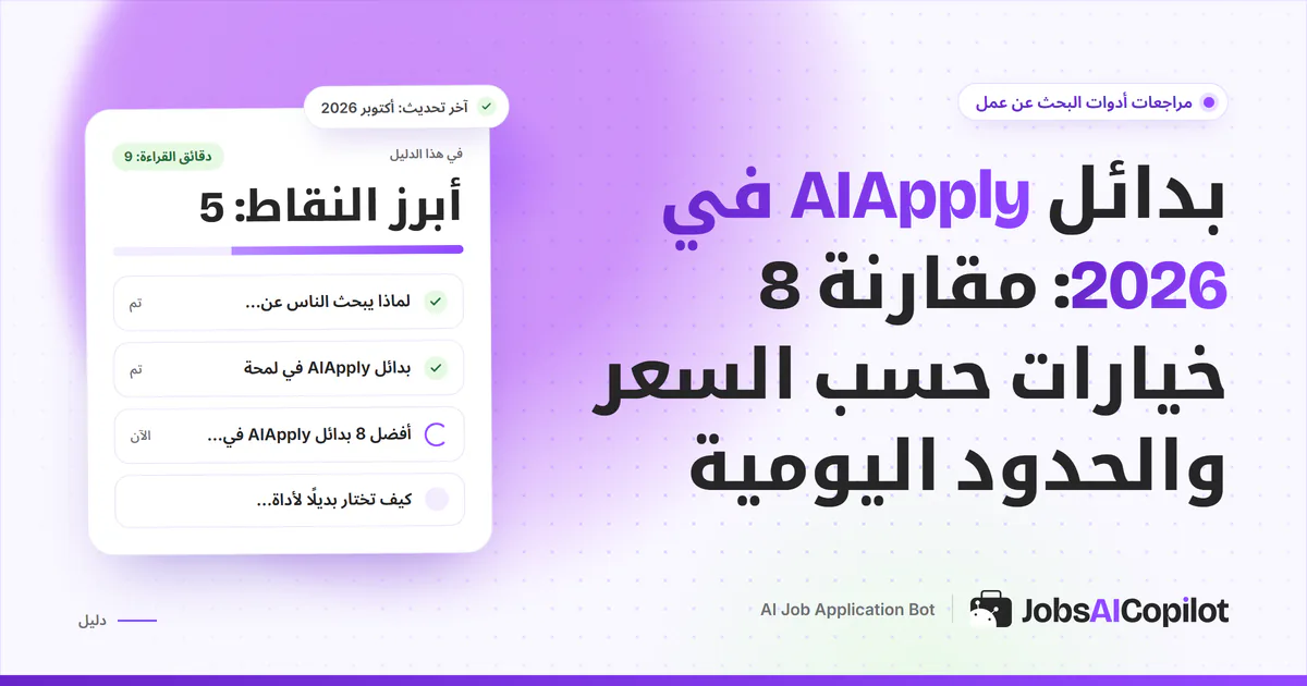 قائمة بدائل AIApply على غلاف JobsAICopilot البنفسجي: أدوات التقديم التلقائي والملء التلقائي ومتابعة الطلبات