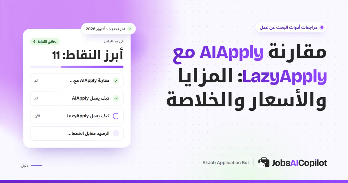 بطاقة مقارنة AIApply مع LazyApply على غلاف JobsAICopilot البنفسجي: الرصيد مقابل الخطط السنوية