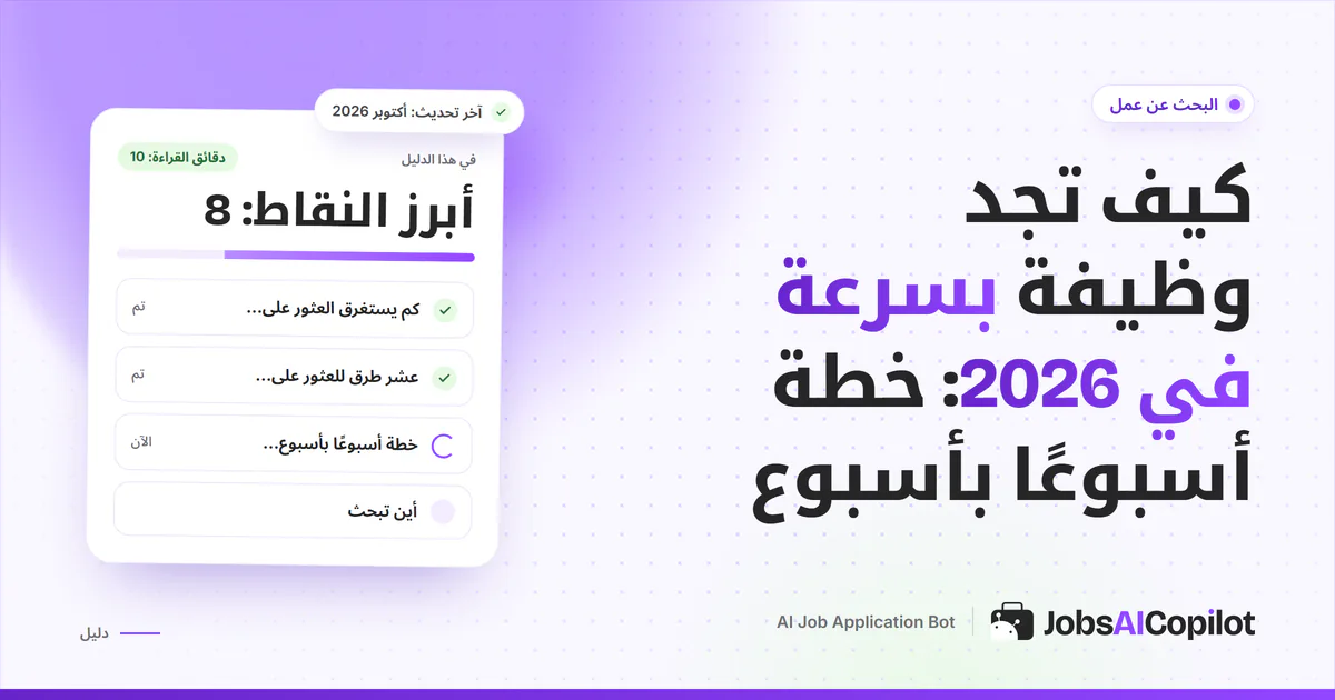 غلاف خطة خطوة بخطوة لإيجاد وظيفة بسرعة في 2026 على خلفية بنفسجية من JobsAICopilot