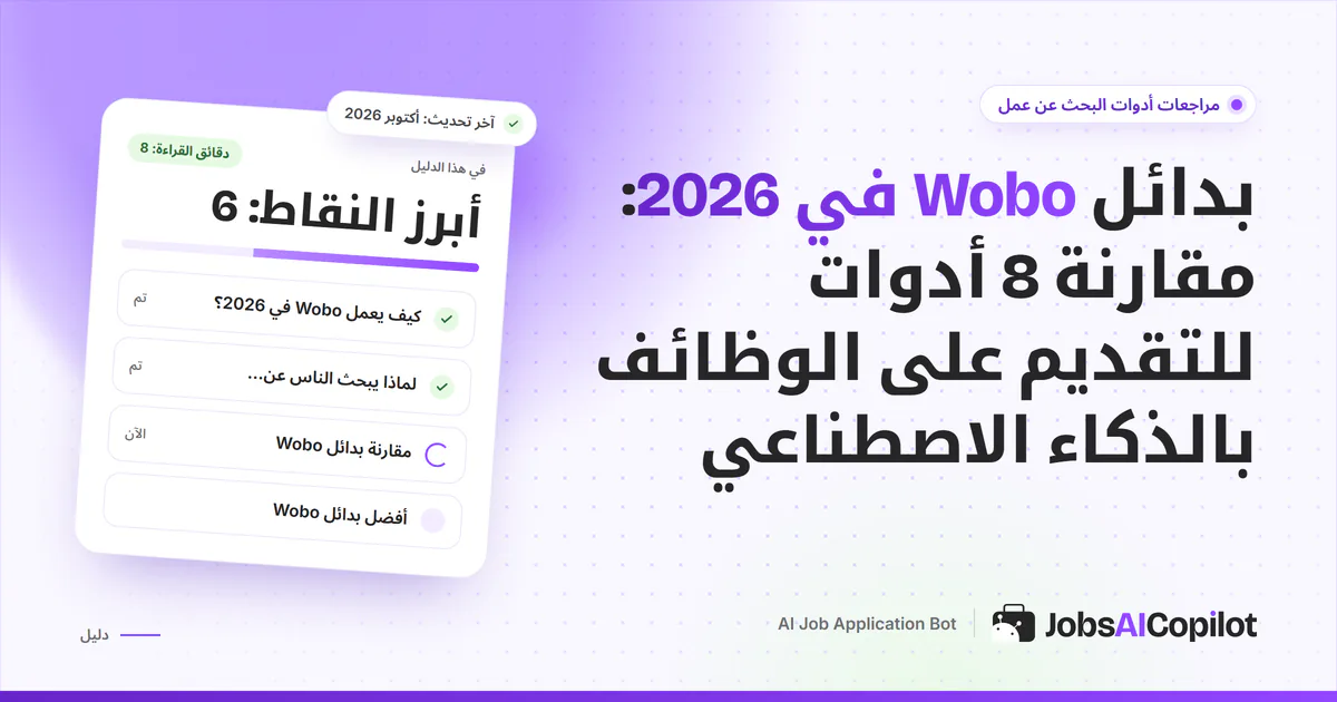 قائمة بدائل Wobo على غلاف JobsAICopilot البنفسجي: أدوات تقديم بفلاتر ومراجعة قبل الإرسال