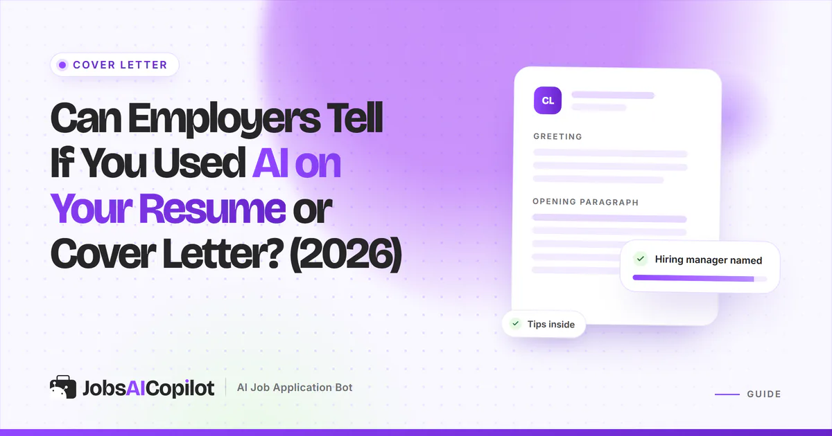 Can employers tell if you used AI: a resume and cover letter under a magnifying glass on a violet JobsAICopilot cover