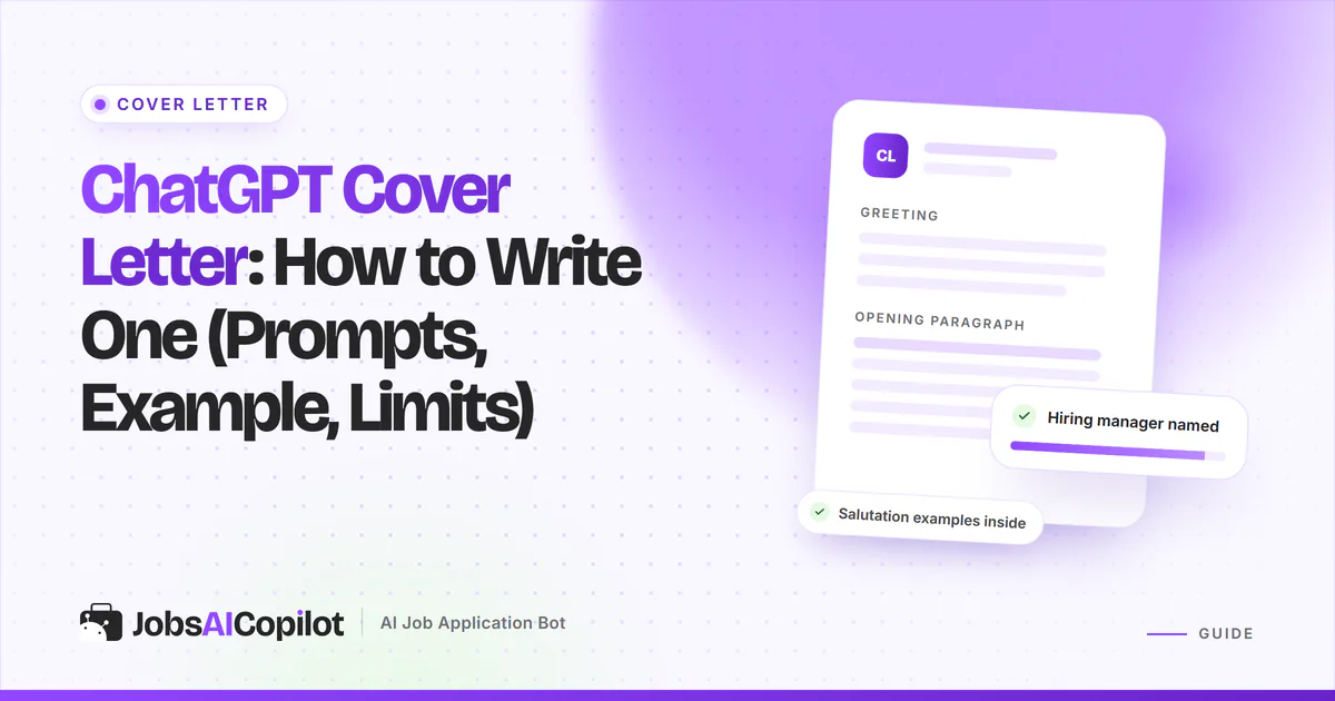 ChatGPT cover letter draft with generic phrases crossed out and edited, on a violet JobsAICopilot cover