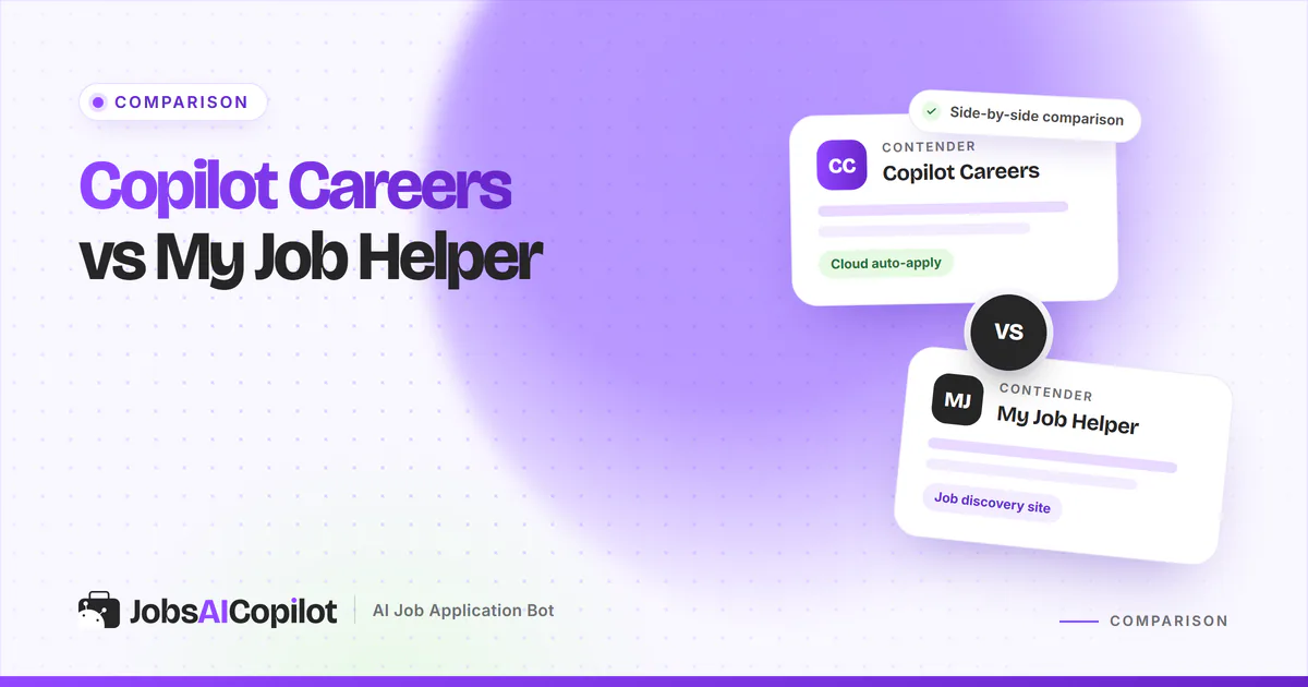 Copilot Careers vs My Job Helper comparison cards with a VS badge on a violet JobsAICopilot cover