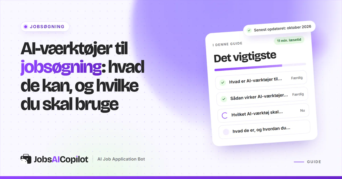 AI-værktøjer til jobsøgning: titelkort med tjekliste over værktøjstyper, funktion og valg i hver fase på en lilla forside