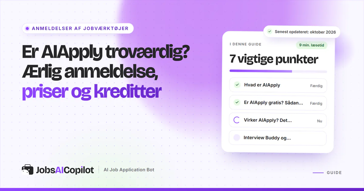 Er AIApply troværdig? Titelkort med tjekliste over funktioner, priser, kreditter og brugernes erfaringer på en lilla forside