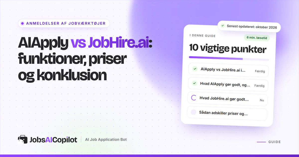 AIApply vs JobHire.ai: titelkort med tjekliste over overblik, styrker, svagheder og priser på en lilla JobsAICopilot-forside