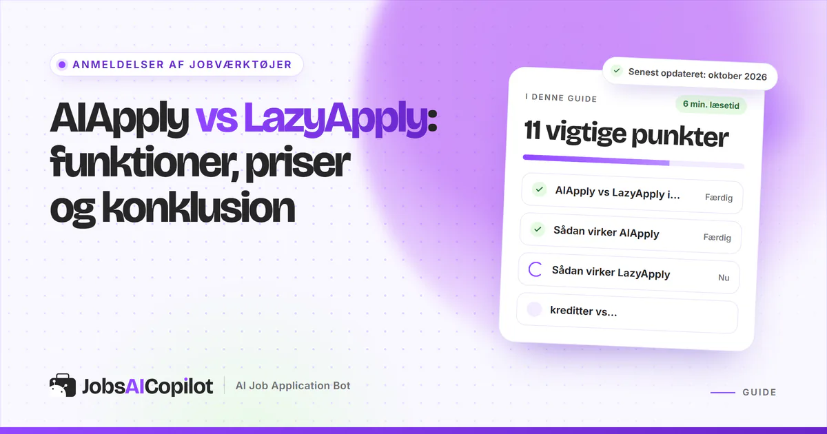 AIApply vs LazyApply: titelkort med tjekliste over overblik, funktion og kreditter mod årsabonnementer på en lilla forside