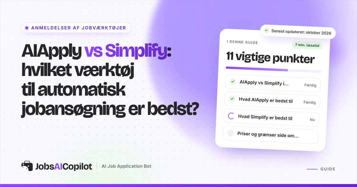 AIApply vs Simplify: titelkort med tjekliste over overblik, styrker og priser side om side på en lilla JobsAICopilot-forside