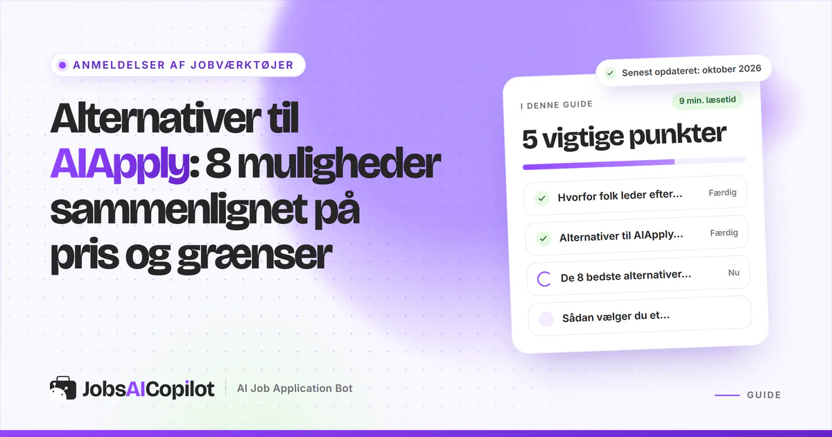 Alternativer til AIApply: titelkort med tjekliste over grunde til at skifte, overblik og de 8 bedste valg på en lilla forside