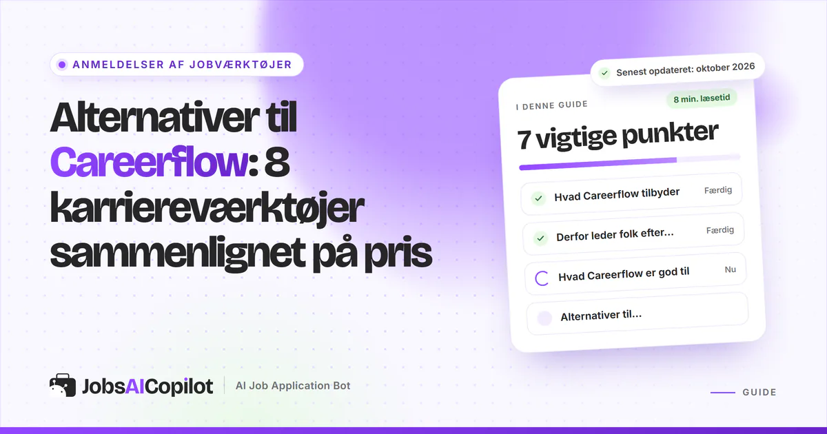 Alternativer til Careerflow: titelkort med tjekliste over funktioner, grunde til at skifte og overblik på en lilla forside