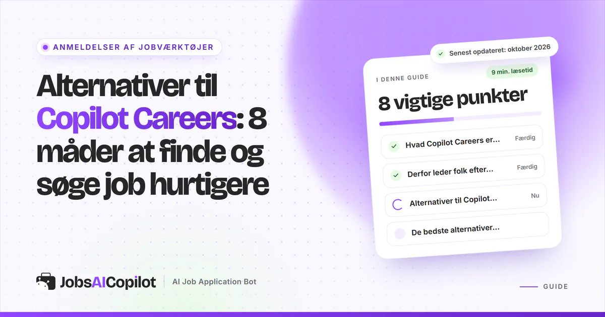 Alternativer til Copilot Careers: titelkort med tjekliste over sitet, grunde til at skifte og overblik på en lilla forside