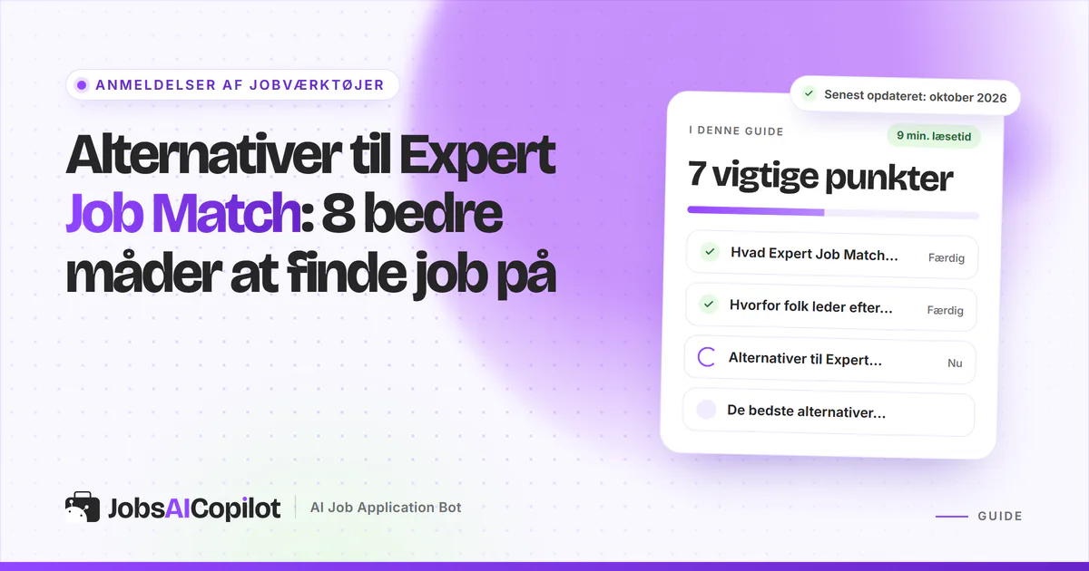 Alternativer til Expert Job Match: titelkort med tjekliste over sitet, grunde til at skifte og overblik på en lilla forside