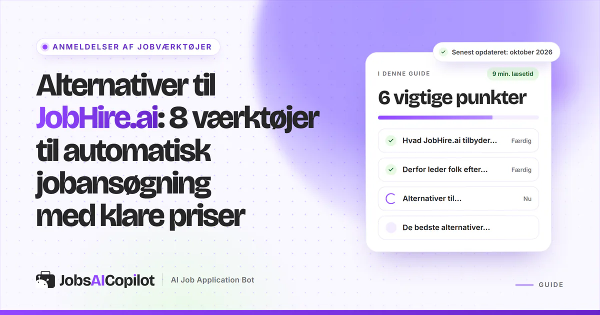 Alternativer til JobHire.ai: titelkort med tjekliste over funktioner, fakturering og grunde til at skifte på en lilla forside