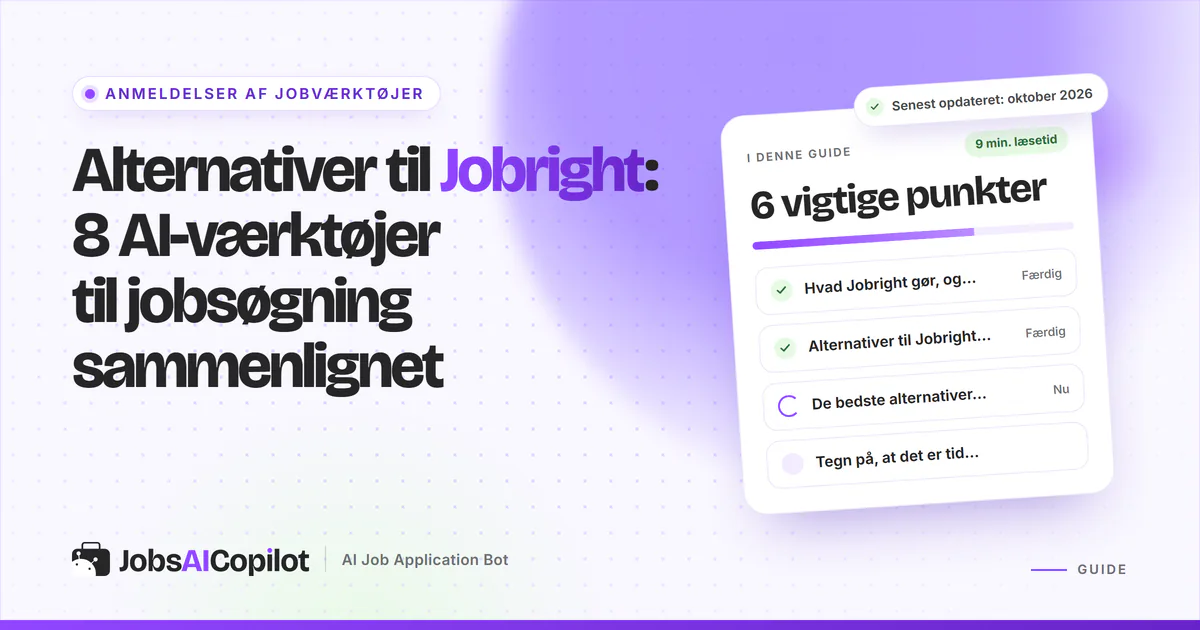 Alternativer til Jobright: titelkort med tjekliste over funktioner, overblik og valg efter behov på en lilla forside