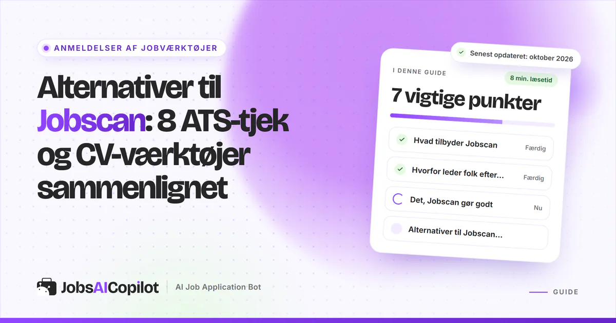 Alternativer til Jobscan: titelkort med tjekliste over funktioner, grunde til at skifte og styrker på en lilla forside