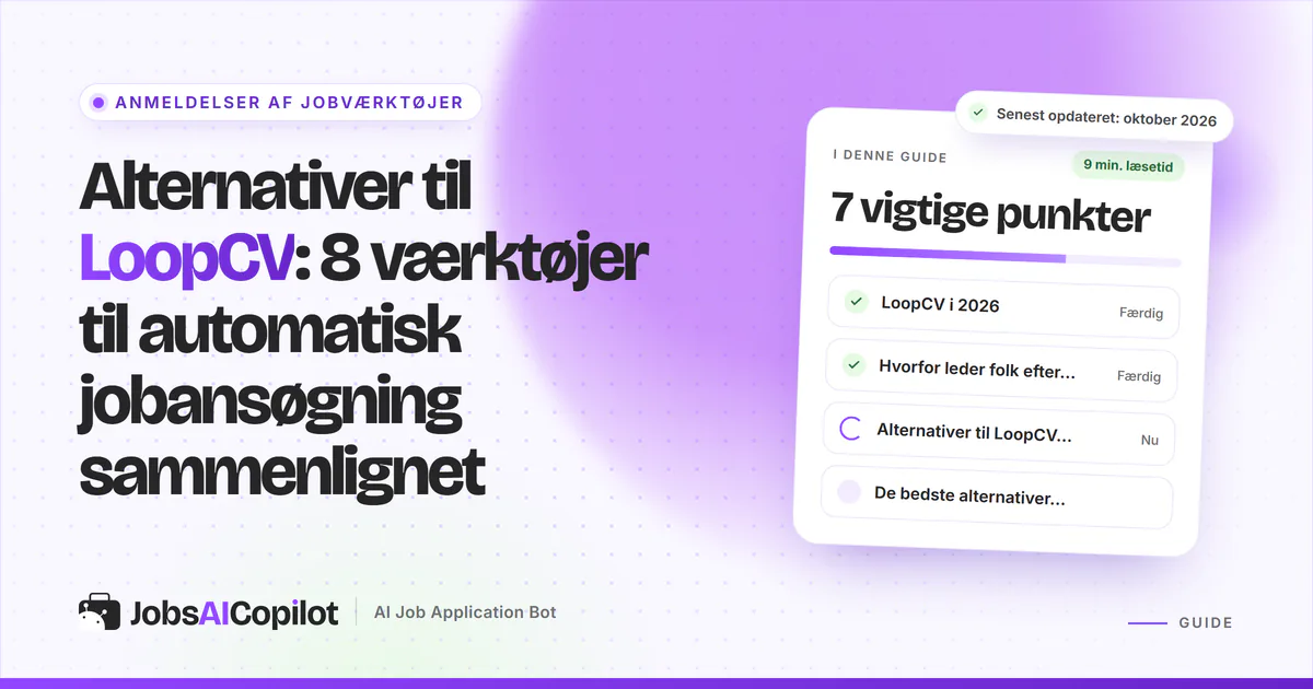Alternativer til LoopCV: titelkort med tjekliste over abonnementer, loops og grunde til at skifte på en lilla forside