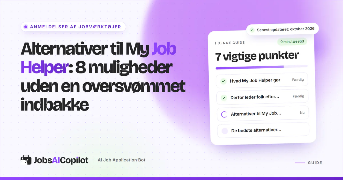 Alternativer til My Job Helper: titelkort med tjekliste over sitet, grunde til at skifte og overblik på en lilla forside