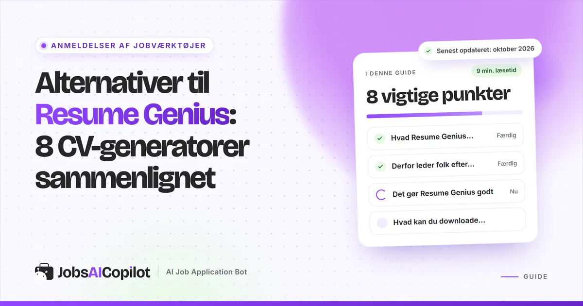 Alternativer til Resume Genius: titelkort med tjekliste over funktioner, gratis download og overblik på en lilla forside