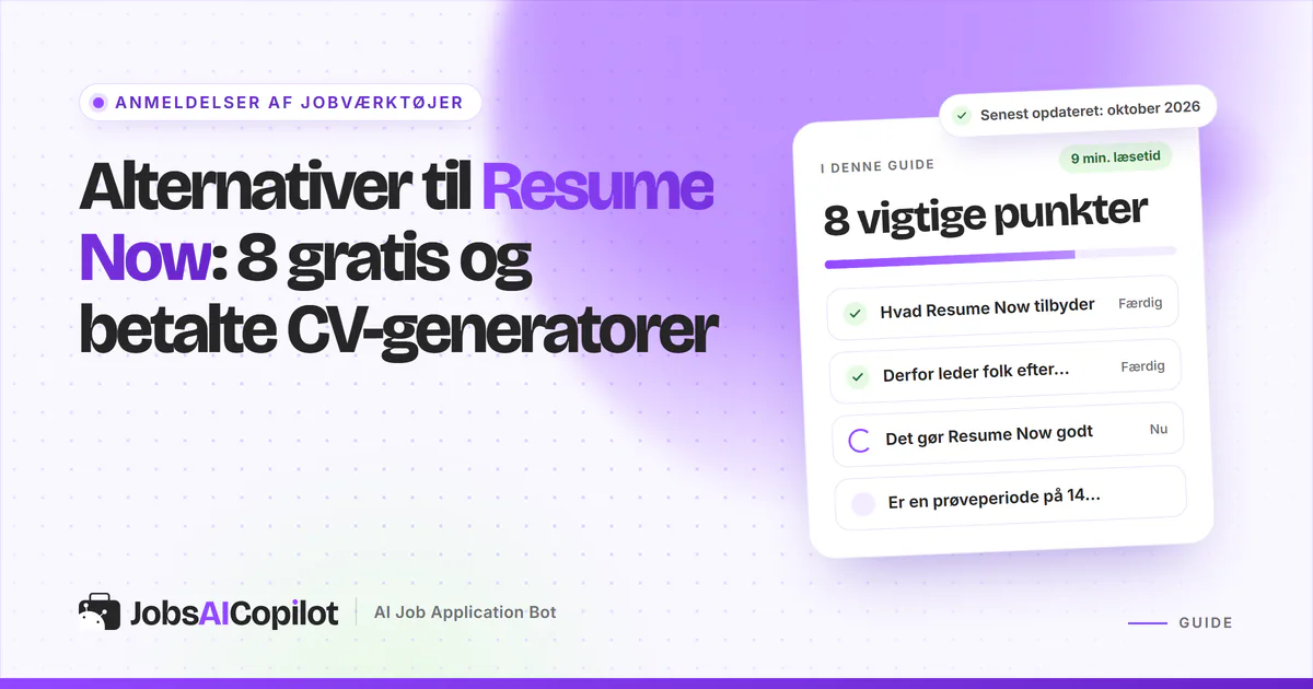 Alternativer til Resume Now: titelkort med tjekliste over funktioner, prøveperioden og overblik på en lilla forside