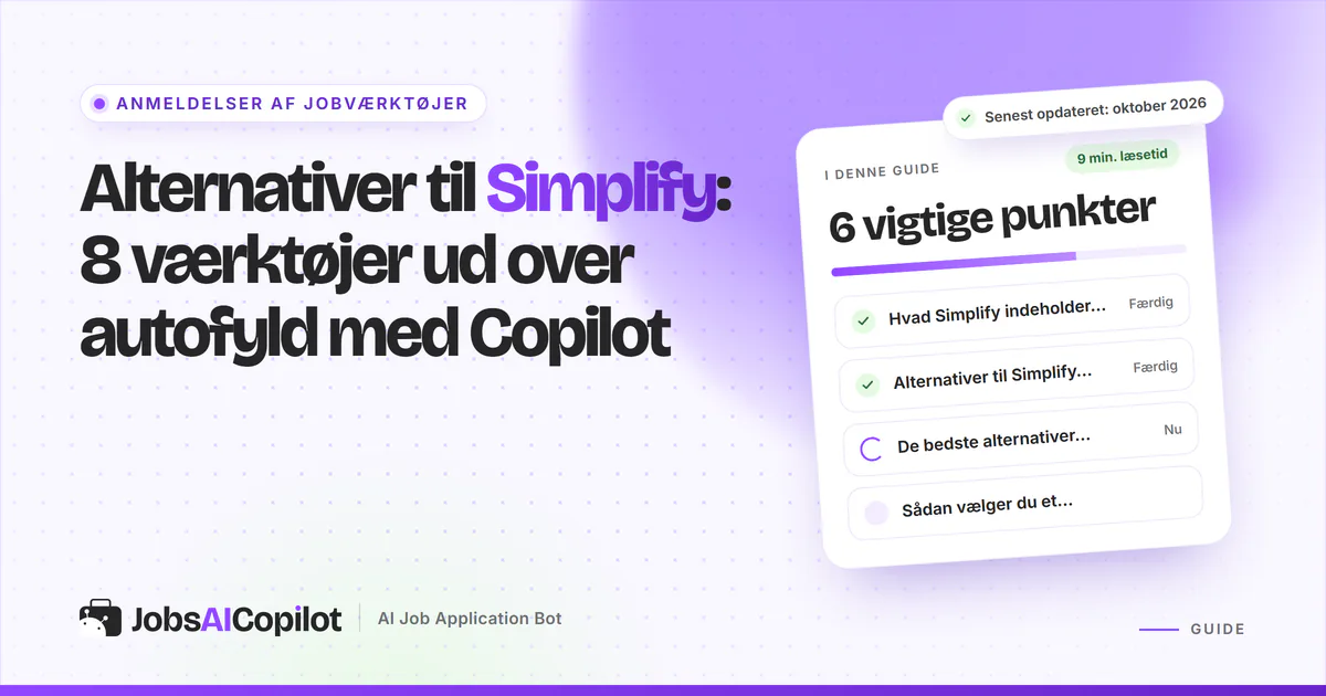 Alternativer til Simplify: titelkort med tjekliste over funktioner, begrænsninger og overblik på en lilla forside