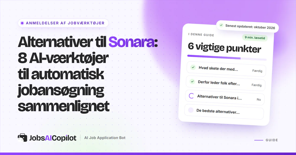 Alternativer til Sonara: titelkort med tjekliste over Sonaras historie, status i 2026 og overblik på en lilla forside