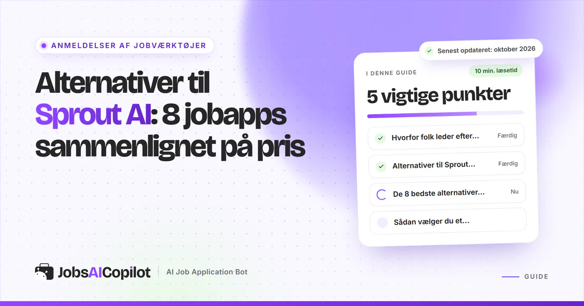 Alternativer til Sprout AI: otte værktøjer til jobansøgninger sammenlignet på pris pr. ansøgning på en lilla forside