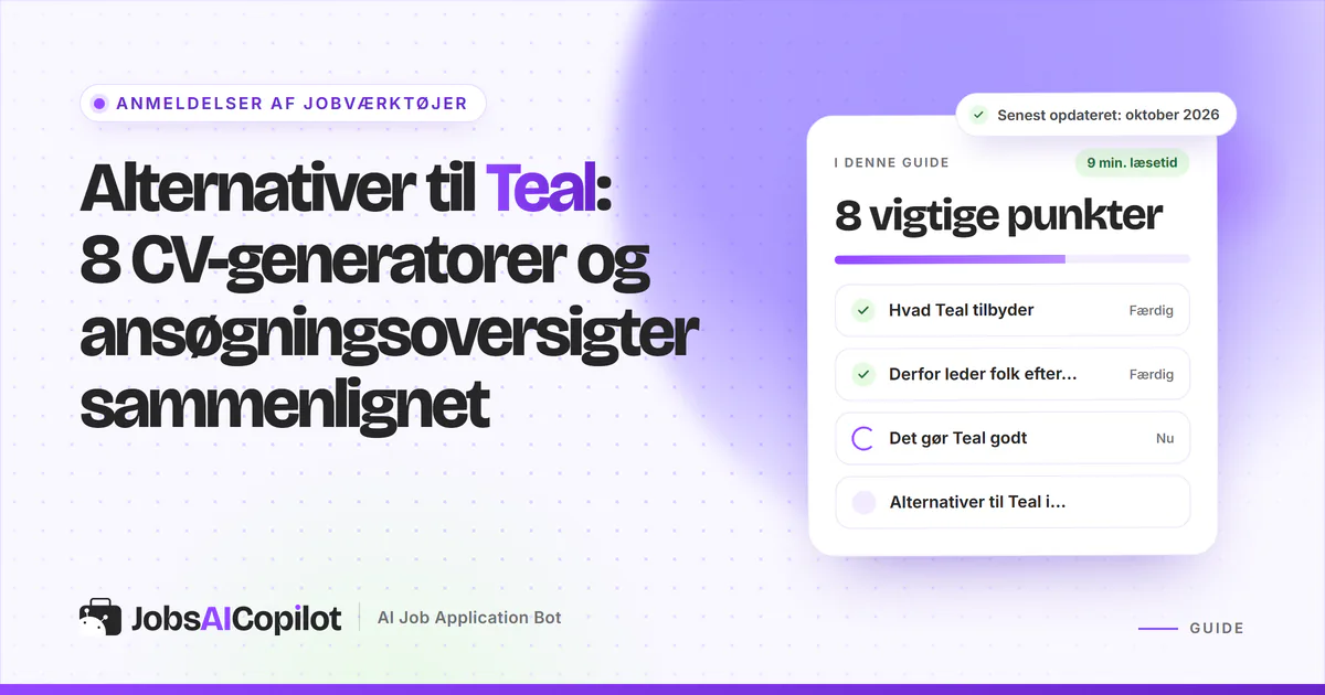 Alternativer til Teal: titelkort med tjekliste over funktioner, grunde til at skifte og styrker på en lilla forside