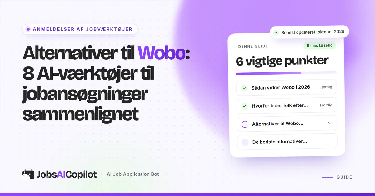 Alternativer til Wobo: titelkort med tjekliste over Wobo i 2026, grunde til at skifte og overblik på en lilla forside