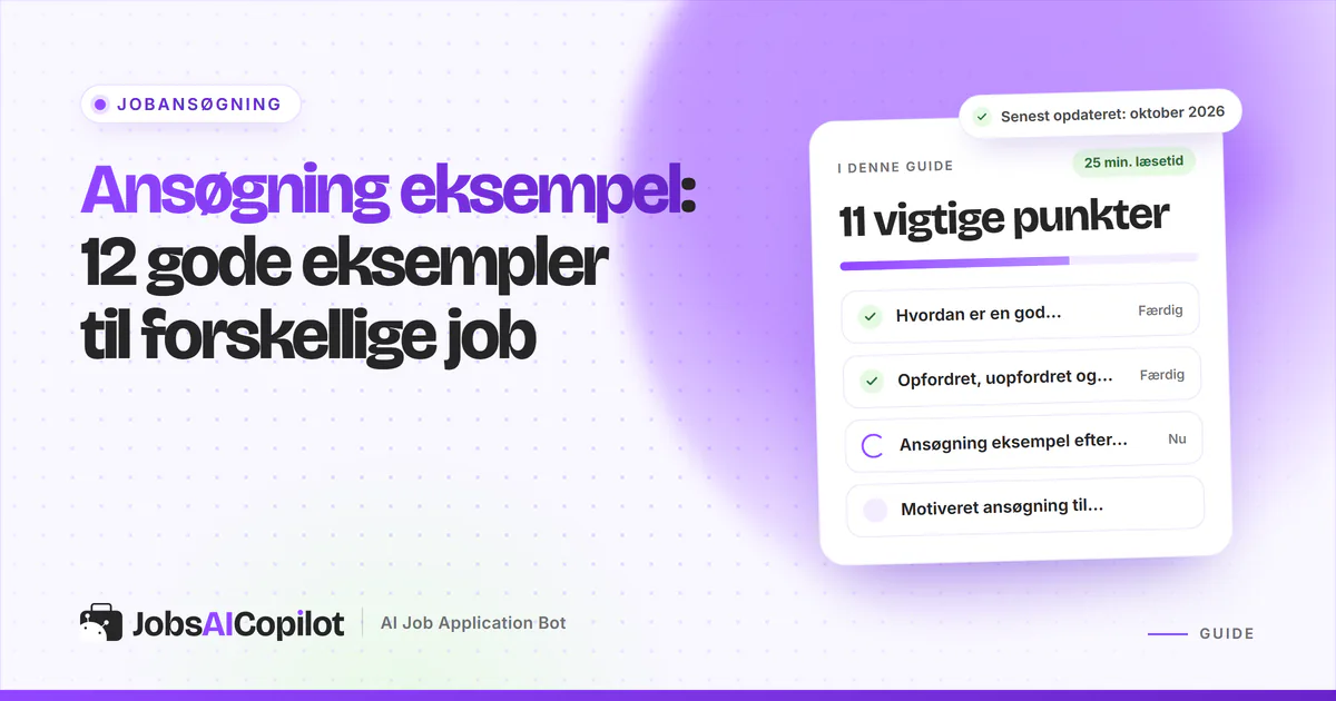 Ansøgning eksempel: eksempelansøgninger til pædagog, SOSU-assistent og nyuddannet på en lilla JobsAICopilot-forside