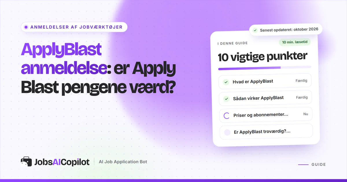 ApplyBlast anmeldelse 2026: titelkort med tjekliste over funktion, priser og troværdighed på en lilla JobsAICopilot-forside