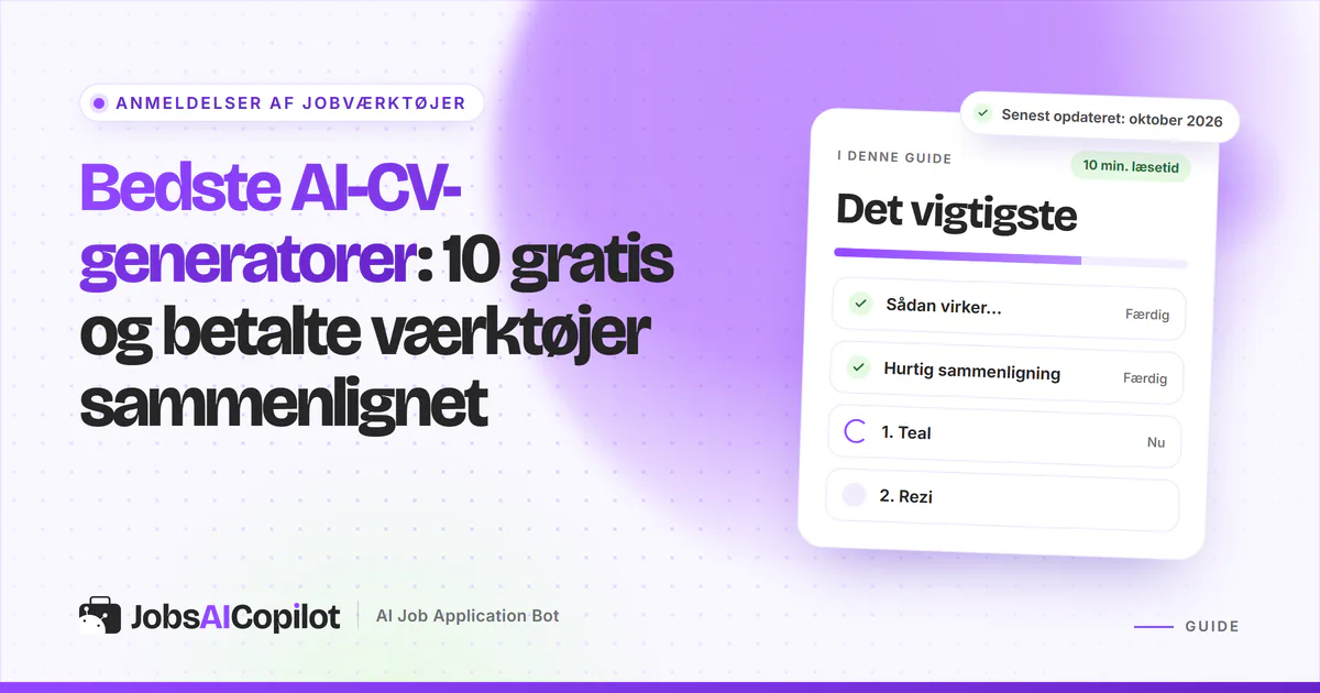 Bedste AI-CV-generatorer: titelkort med tjekliste over funktion, overblik og de 10 bedste valg på en lilla forside
