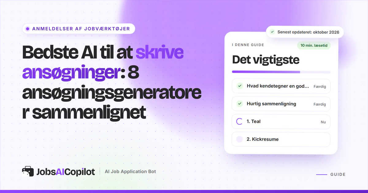 Bedste AI til ansøgning: titelkort med tjekliste over kriterier, overblik og de 8 ansøgningsgeneratorer på en lilla forside
