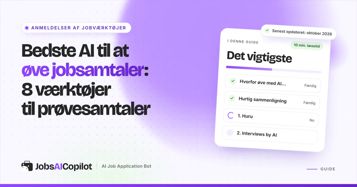 Bedste AI til at øve jobsamtaler: titelkort med tjekliste over fordele, overblik og de 8 værktøjer på en lilla forside