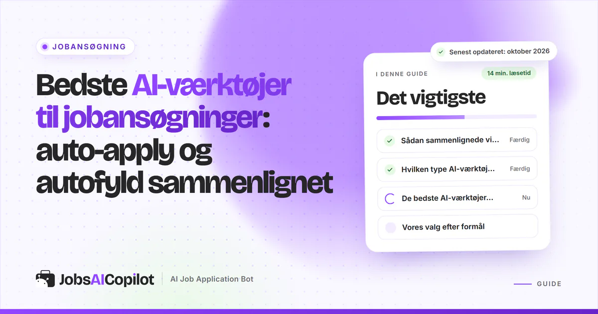 Bedste AI-værktøjer til jobansøgninger: titelkort med tjekliste over metode, værktøjstyper og de bedste valg