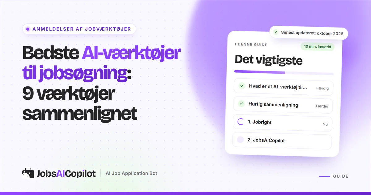 Bedste AI-værktøjer til jobsøgning: titelkort med tjekliste over definition, overblik og de 9 værktøjer på en lilla forside
