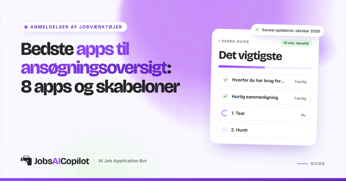 Bedste apps til ansøgningsoversigt: titelkort med tjekliste over fordele, overblik og de 8 apps og skabeloner