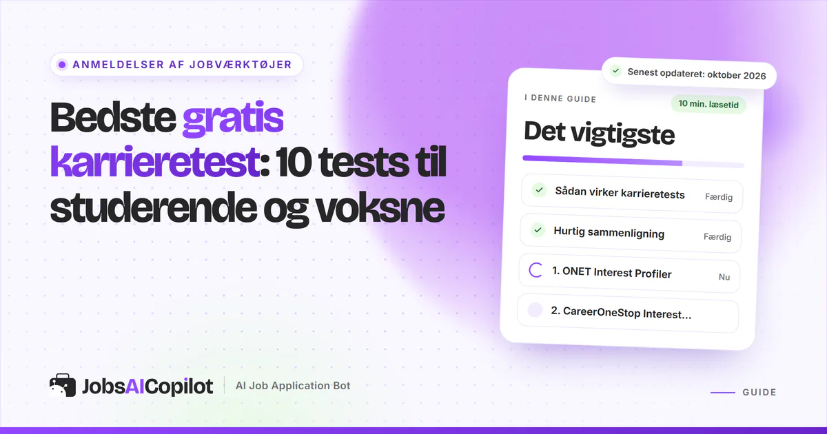 Bedste gratis karrieretest: titelkort med tjekliste over testenes metode, overblik og de 10 tests på en lilla forside