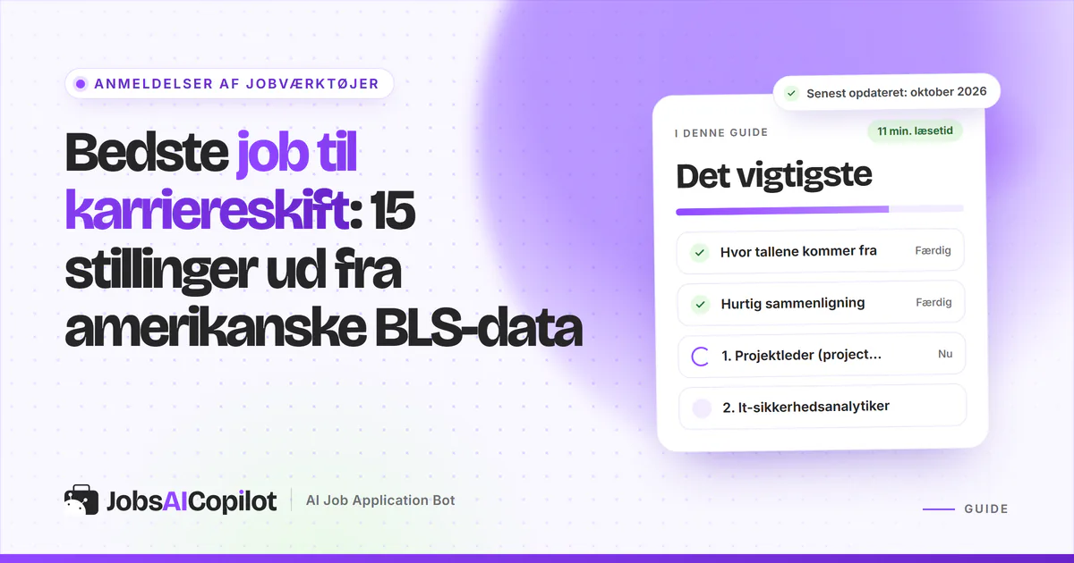 Bedste job til karriereskift: titelkort med tjekliste over datakilde, overblik og 15 stillinger på en lilla forside