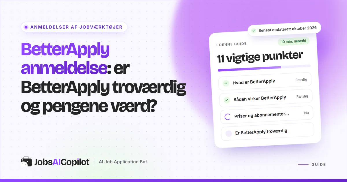 BetterApply anmeldelse: titelkort med tjekliste over funktion, priser, troværdighed og brugerklager på en lilla forside