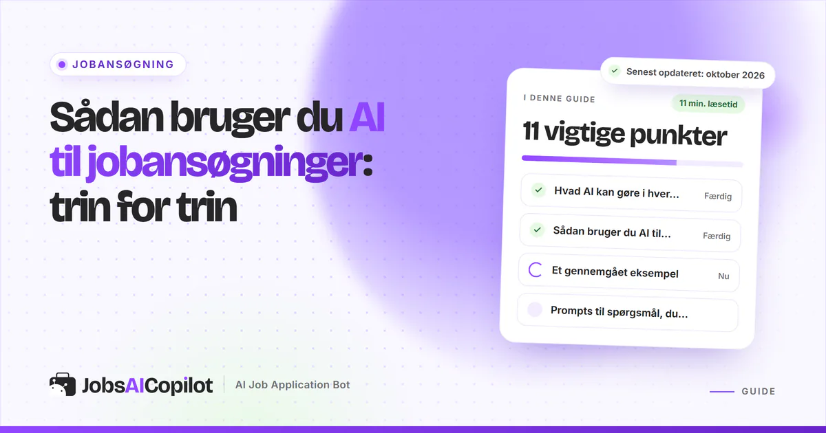 Brug AI til jobansøgninger: titelkort med tjekliste over AI i hver fase, trinene og et eksempel på en lilla forside
