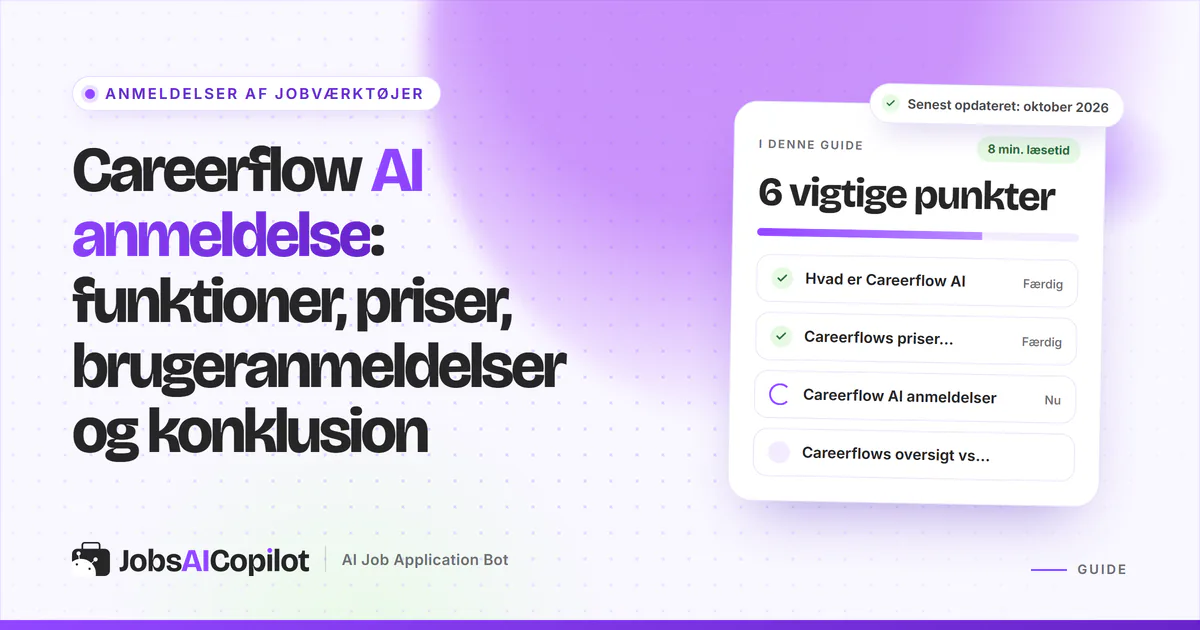 Careerflow AI anmeldelse: titelkort med tjekliste over funktioner, priser og brugeranmeldelser på en lilla forside