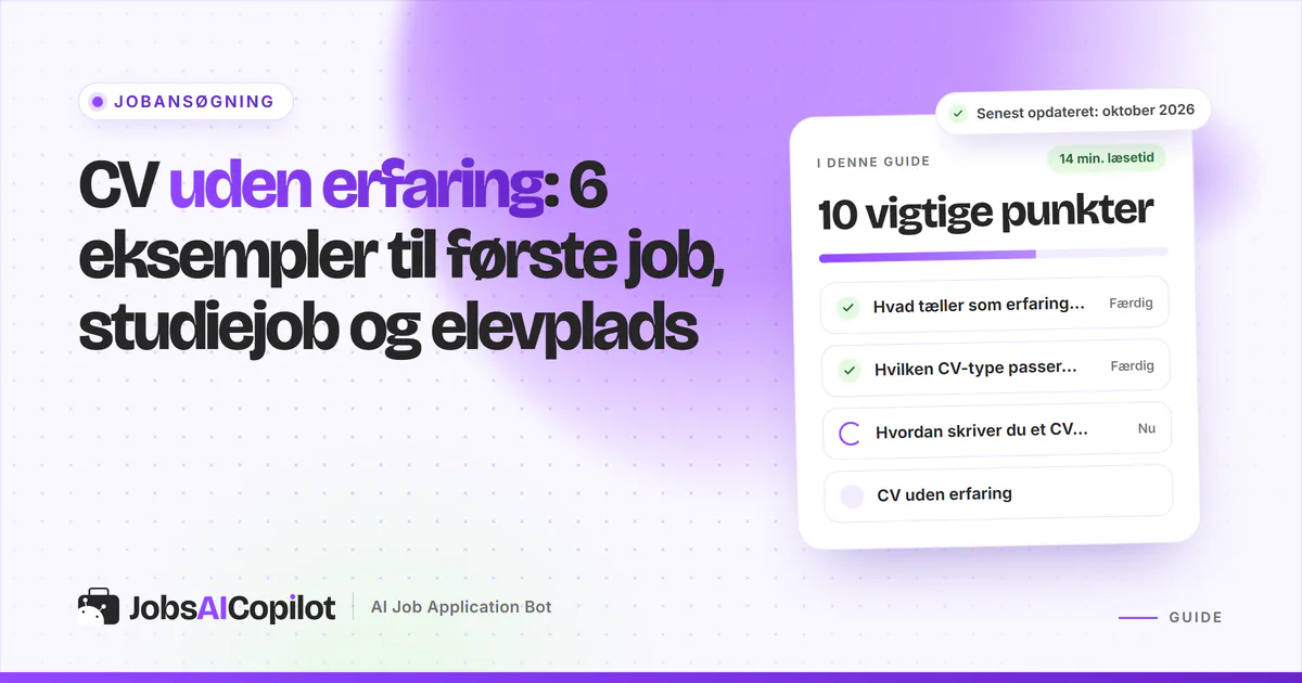 CV uden erfaring: et CV på én side med kompetencer og uddannelse på en lilla JobsAICopilot-forside