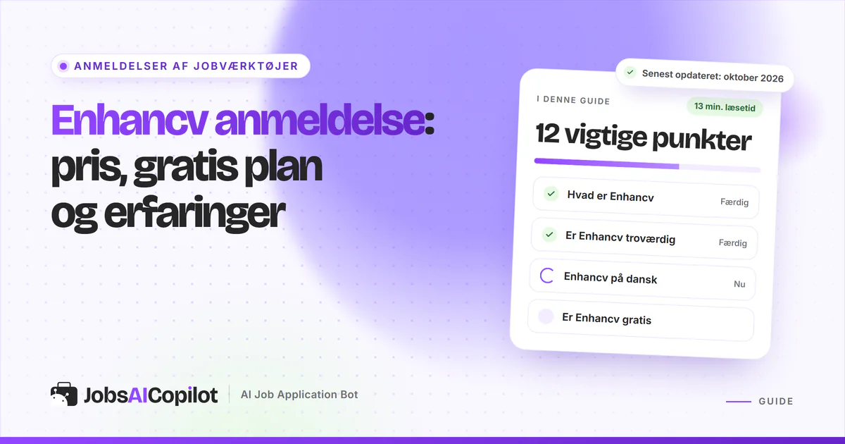 Enhancv anmeldelse: titelkort med priser, gratis plan på 7 dage, refusionsregler og fordele og ulemper på en lilla forside