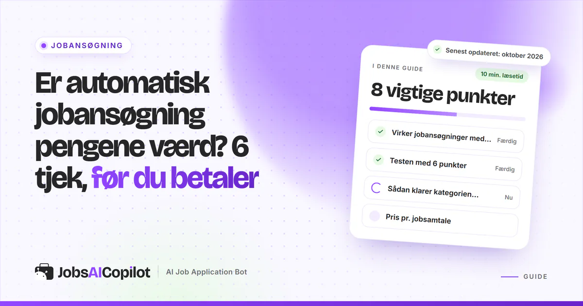 Er automatisk jobansøgning pengene værd? Titelkort med tjekliste over 6 punkter og pris pr. jobsamtale på en lilla forside
