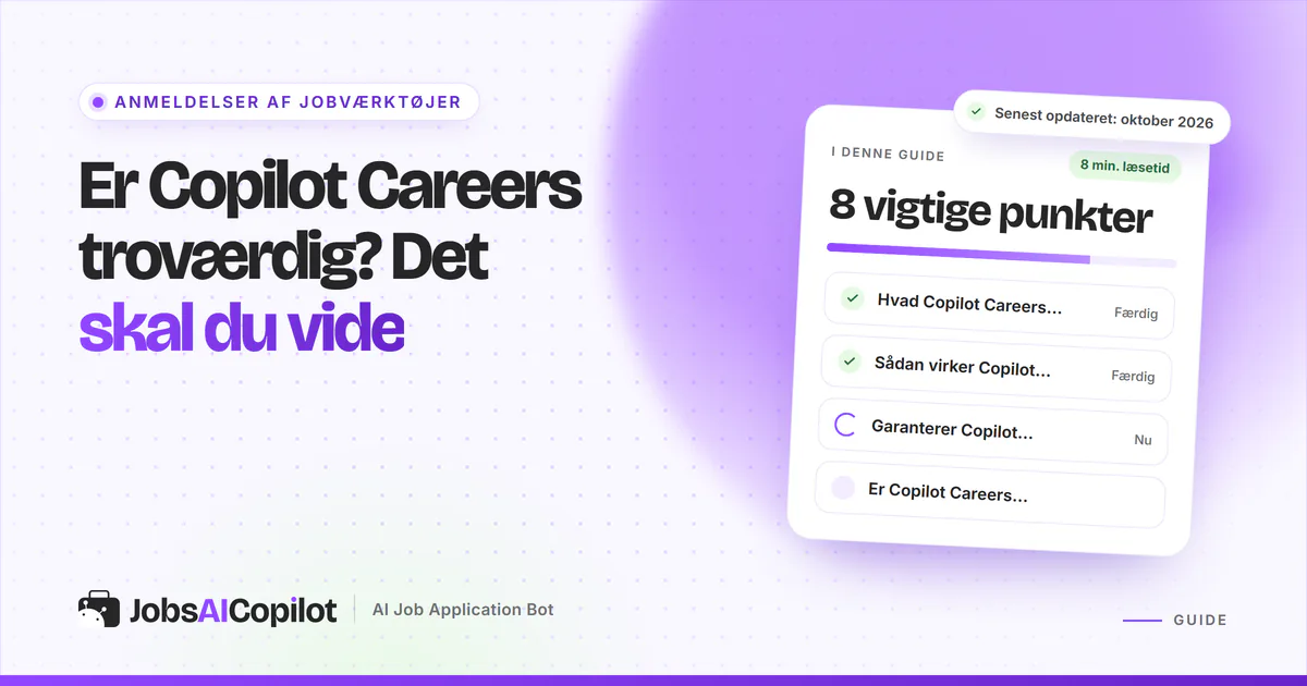 Er Copilot Careers troværdig? Titelkort med tjekliste over sitet, funktion og jobgarantier på en lilla JobsAICopilot-forside