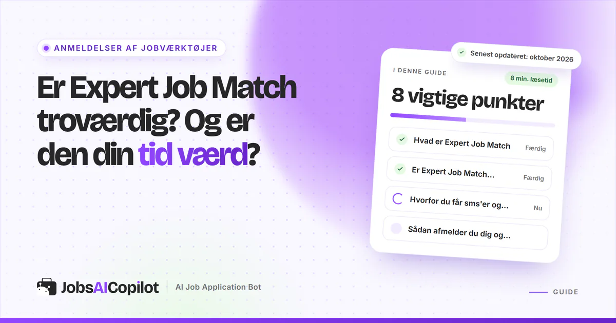 Er Expert Job Match troværdig? Titelkort med tjekliste over funktion, indtjening, sms'er og afmelding på en lilla forside
