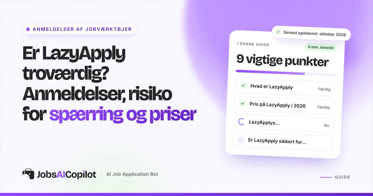 Er LazyApply troværdig? Titelkort med tjekliste over funktion, priser, refusion og risiko på LinkedIn på en lilla forside