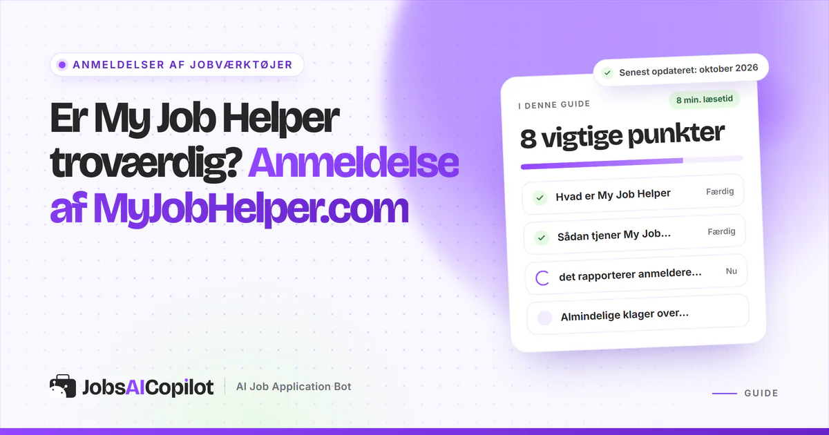 Er My Job Helper troværdig? Titelkort med tjekliste over funktion, indtjening og brugernes erfaringer på en lilla forside