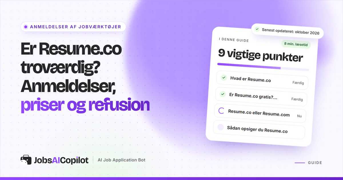 Er Resume.co troværdig? Titelkort med tjekliste over funktioner, priser og forskellen på Resume.co og Resume.com
