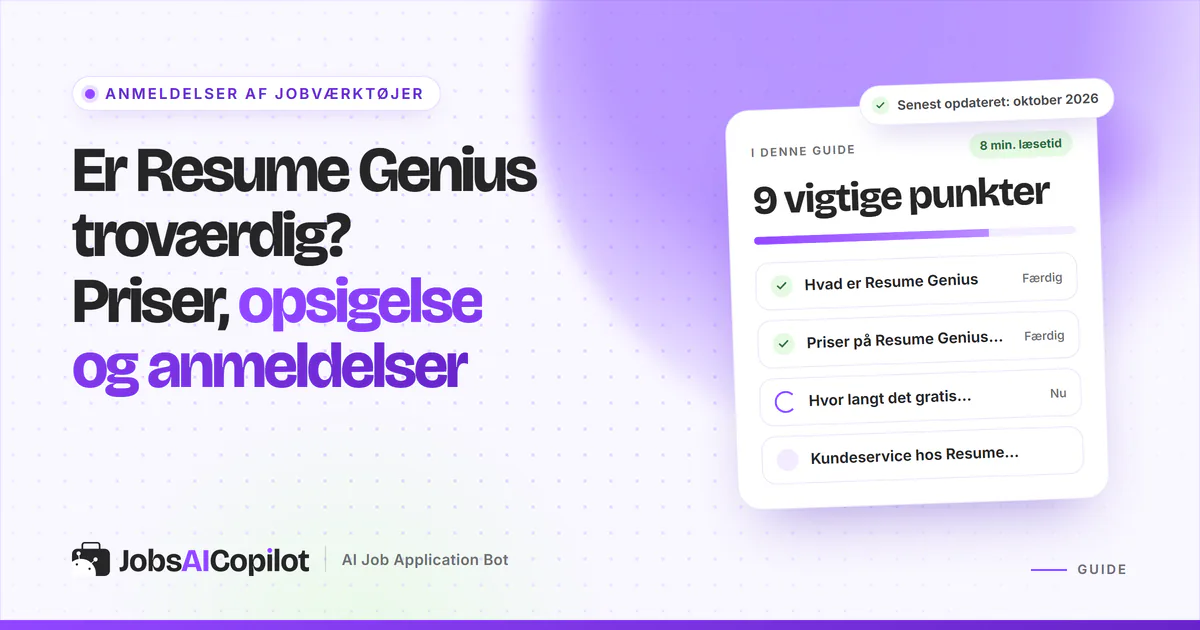 Er Resume Genius troværdig? Titelkort med tjekliste over funktioner, priser og gratisplanen på en lilla JobsAICopilot-forside